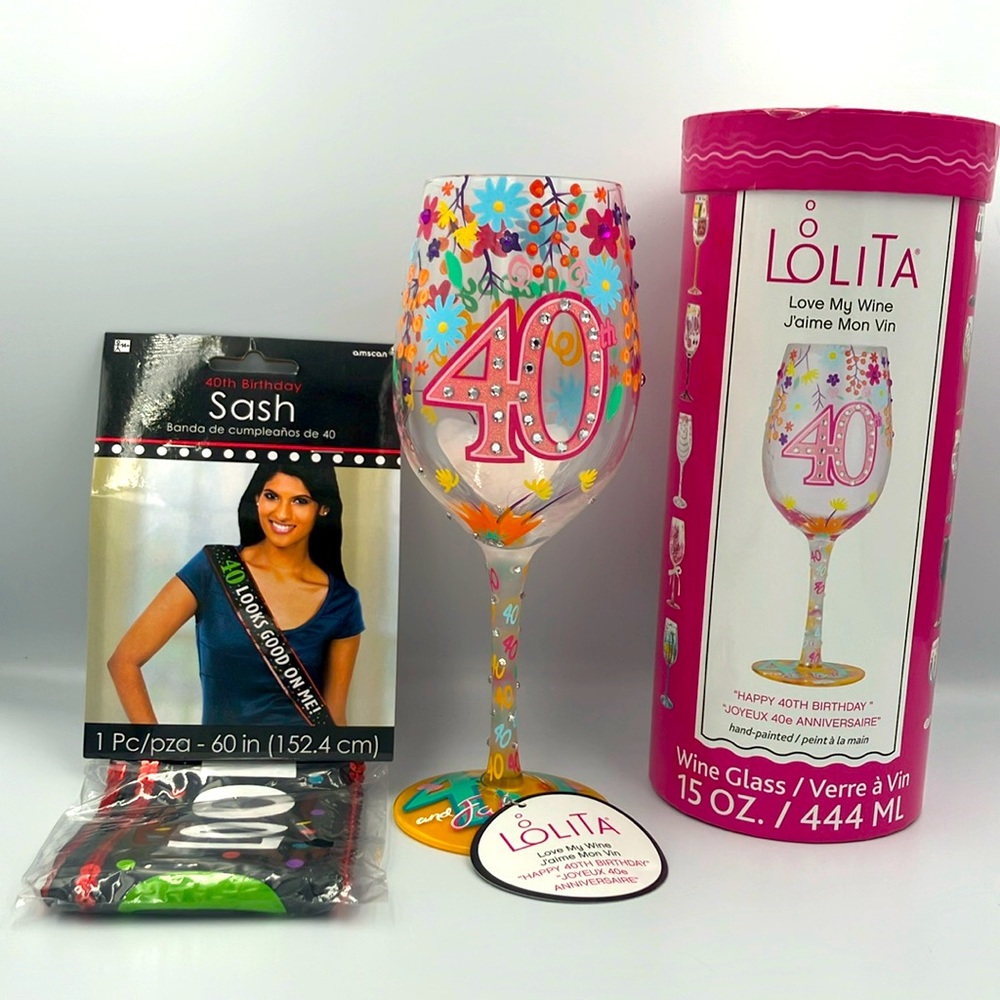 40th Birthday Bundle NWT - Lolita 15 oz. Wine Glass and 40 Looks Good on Me Sash